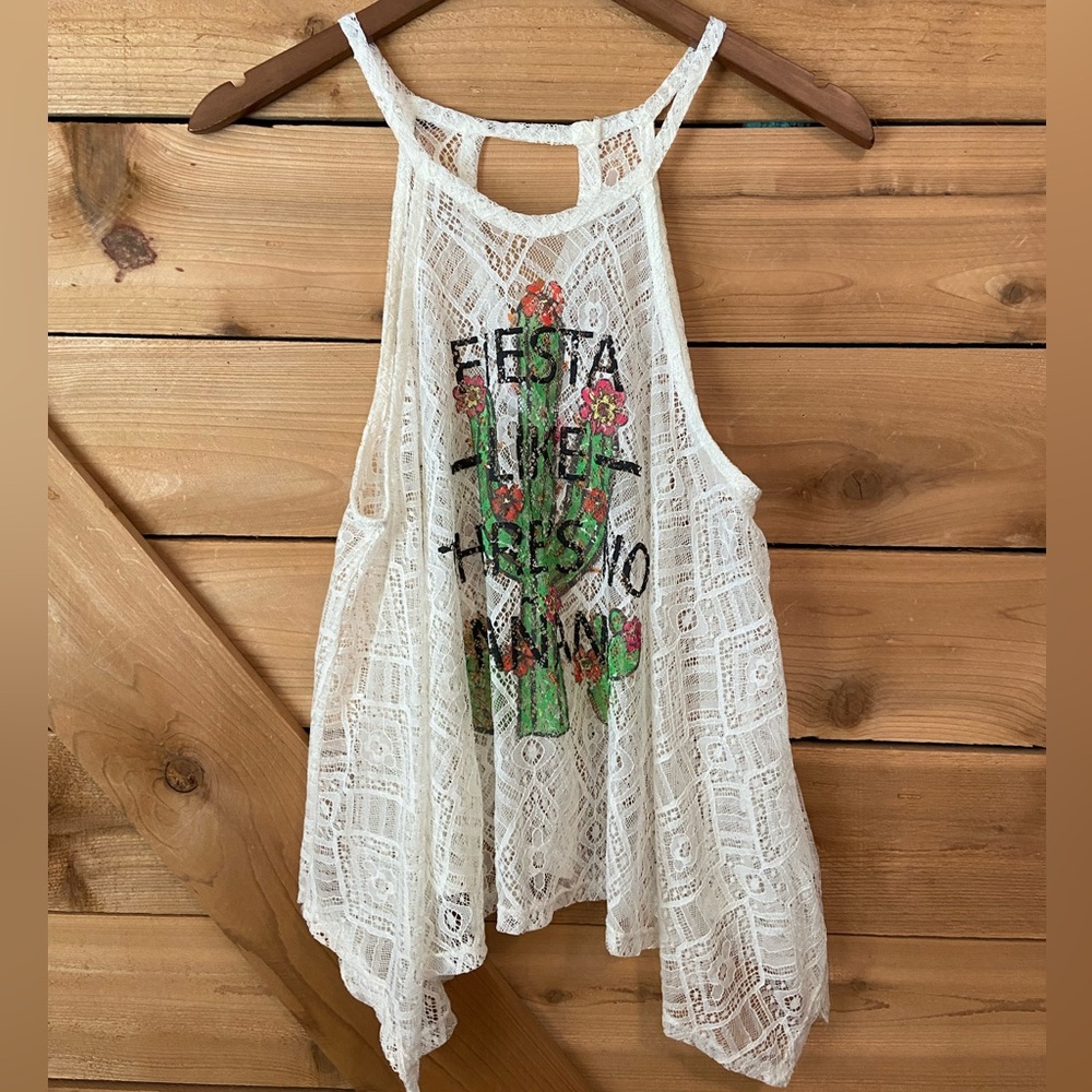 No Boundaries Cream Lace Graphic Tank Halter Top with Cactus Design